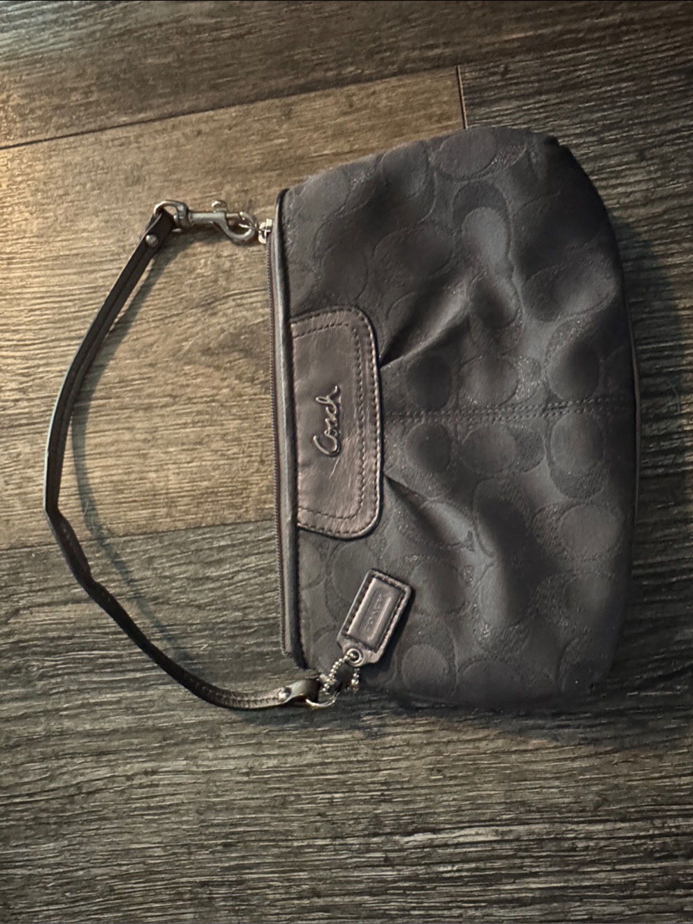 Coach Gray with Shimmer Signature Wristlet with Leather Trim